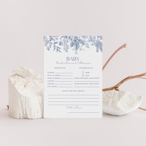 Staubblaue Baby-Vorhersagekarte Blaue Babyparty-Beratungskarte Bearbeitbarer Wunsch für Baby-Spiel Blaue Blumenhinweise für Mama Vorlage HO21