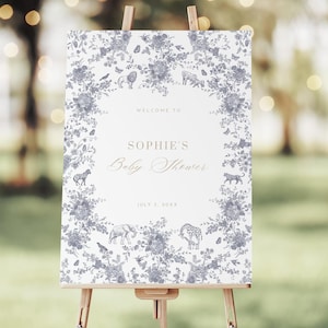 Toile de Jouy Baby Shower Welcome Sign Elegant Baby Boy Shower Sign Floral Blue Safari Animal Toile Photo Backdrop Boy Party Decor Template