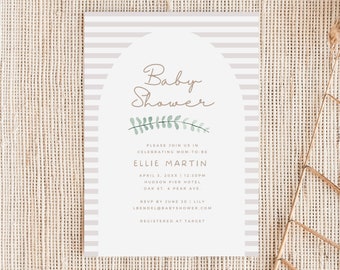 Sweet Minimal Neutral Pink Arch Baby Shower Invitation | Fern w Pink Stripes | Printable Editable Template | Instant Download