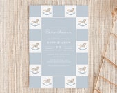 Blue Baby Shower Invitation Boy Baby Shower Idea Rocking Horse Baby Nursery Decor Theme Classic Blue and White Checker Baby Invite Template