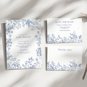 Stofblauwe chinoiserie-babyshowerbundel | Uitnodiging, bewaar deze datum, bedankkaartsjabloon | Genderneutraal | Bewerkbare download HO21