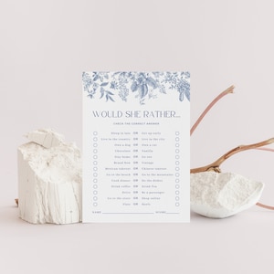 Jeu de douche nuptiale bleu poussiéreux « Elle préfèrerait » Chinoiseries élégantes Carte imprimable 5 x 7 Jeu de mariage personnalisable Modèle à téléchargement immédiat