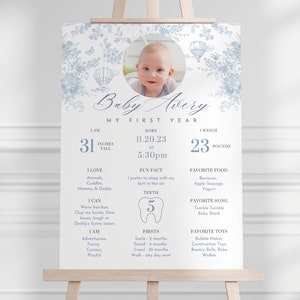 Eerste verjaardag mijlpaalposter elegante toile babymijlpaalbord blauw eerste jaar foto mijlpaalbord sjabloon met statistieken voor babydoopgrafiek