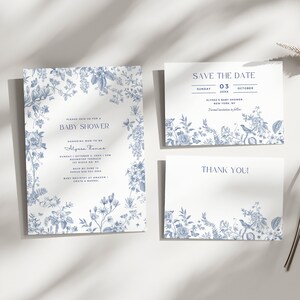 Zestaw na Baby Shower Dusty Blue French Blue Chinoiserie Invitation Edytowalna karta z podziękowaniami Zapisz datę Szablon zaproszenia w kolorze niebieskim HO21