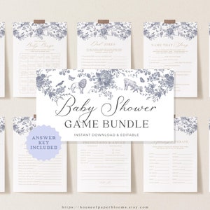 Baby Shower Game Bundle Blue Safari Editable Canva Template Boy Floral Theme Instant Game Digital Download Toile Baby Shower Activity Idea