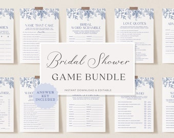 Dusty Blue Bridal Shower Game Bundle, 5x7 Chinoiserie Printable Cards, Something Blue & Elegant, 12 Games + Bonus Card Template