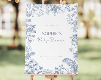Dusty Blue Baby Shower Welcome Sign Chinoiserie Blue Floral Baby Shower Classic French Blue Toile Baby Boy Shower Editable Template HO21