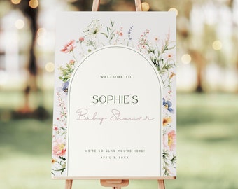 Wildflower Baby in Bloom Welcome Sign Template Gender Neutral Green Floral Baby Shower Entrance Sign Flower Photo Backdrop Editable Download