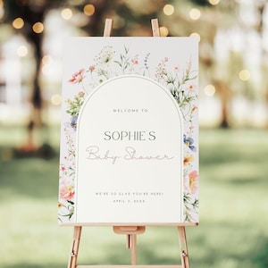 Wildblumen Baby in Blüte Willkommen Schild Vorlage Geschlecht Neutral Grün Floral Baby Shower Eingang Schild Blume Foto Hintergrund bearbeitbar Download