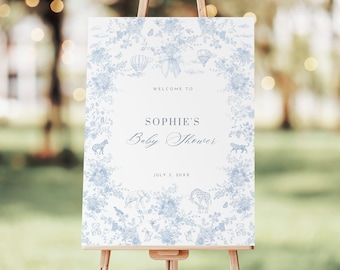 Floral Toile Baby Shower Welcome Sign Elegant Baby Boy Shower Sign French Blue Vintage Hot Air Balloon Template Bear Animal Photo Backdrop