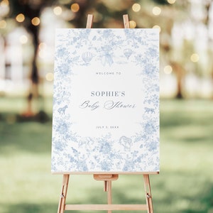 Blumen Toile Babyparty Willkommensschild Elegante Baby Boy Dusche Zeichen Französisch Blau Vintage Heißluftballon Vorlage Bär Tier Foto Hintergrund