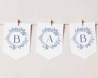 Editable Blue Floral Banner Dusty Blue Porcelain Baby Shower Decoration Welcome Baby Sign Blue Toile Garland Custom Name Flag Template HO21