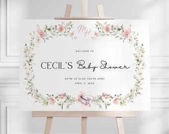 Wildflower Garden Baby Shower Welcome Sign Template | Soft Pink Floral Ballet | Landscape Size 18x24, 20x30, 24x36 | Editable Download