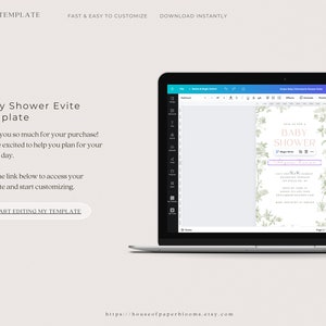 May include: A laptop screen displaying a digital template for a baby shower invitation. The template features a floral design with the text "Baby Shower" in pink. The text "Thank you so much for your purchase! We are excited to help you plan for your special day." is also displayed on the screen.