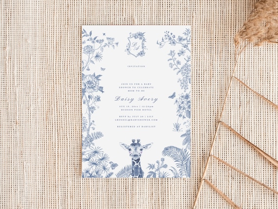 Dusty Blue Safari Toile Baby Shower Invitation Elegant Giraffe Baby Shower Blue Baby Boy Invite Gender Neutral Chinoiserie Template HO21