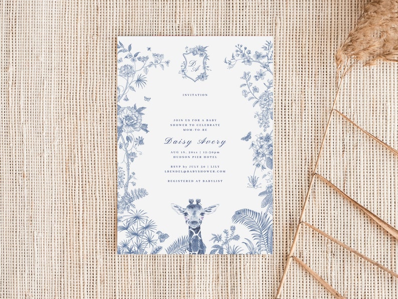May include: A blue and white floral baby shower invitation with a giraffe illustration. The invitation reads "Join us for a baby shower to celebrate how to be Daisy Avery".