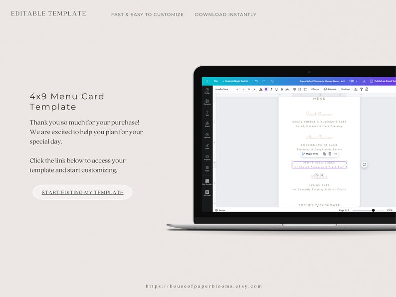 May include: A laptop screen displaying a digital menu card template with the text "4x9 Menu Card Template". The template is editable and can be customized. The text "Thank you so much for your purchase! We are excited to help you plan for your special day." is also displayed on the screen.