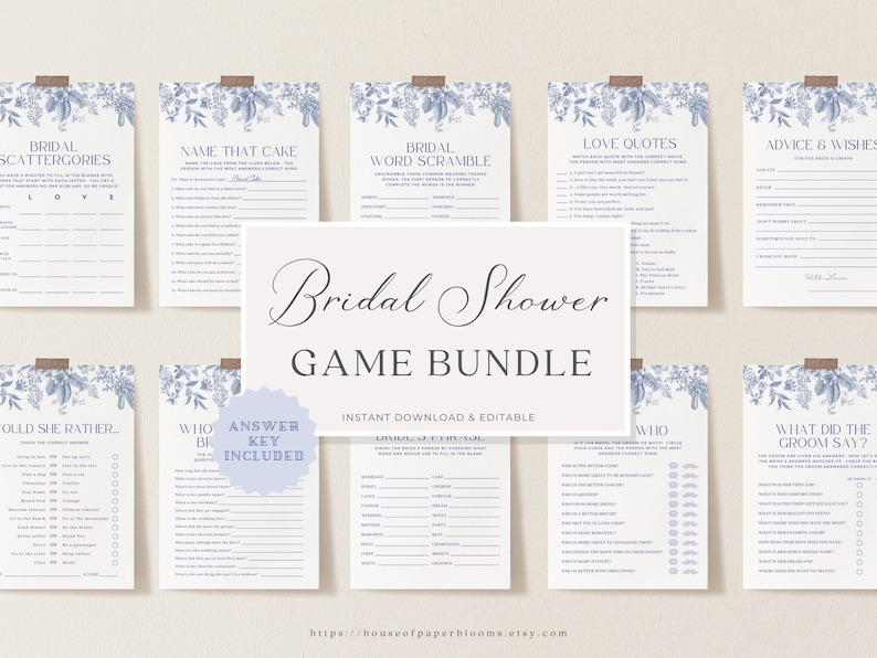 Dusty Blue Bridal Shower Game Bundle, 5x7 Chinoiserie Printable Cards, Something Blue & Elegant, 12 Games Bonus Card Template image 1