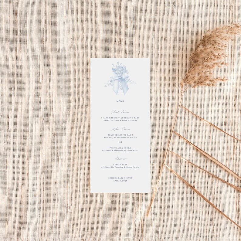 Blue Floral Menu Template Blue Bow Bridal Shower Editable Menu Boy Baby Shower Decor
