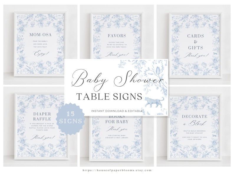 May include: A set of 15 printable baby shower table signs featuring a blue and white floral design. The signs include titles such as "Mom-osa", "Favours", "Cards & Gifts", "Diaper Raffle", "Books for Baby", and "Decorate a Block".