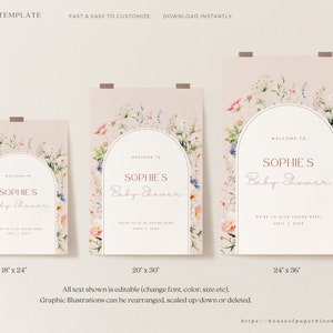 May include: Printable baby shower sign with a floral archway design. The sign is pink with a white border and says "Welcome to Sophie's Baby Shower".