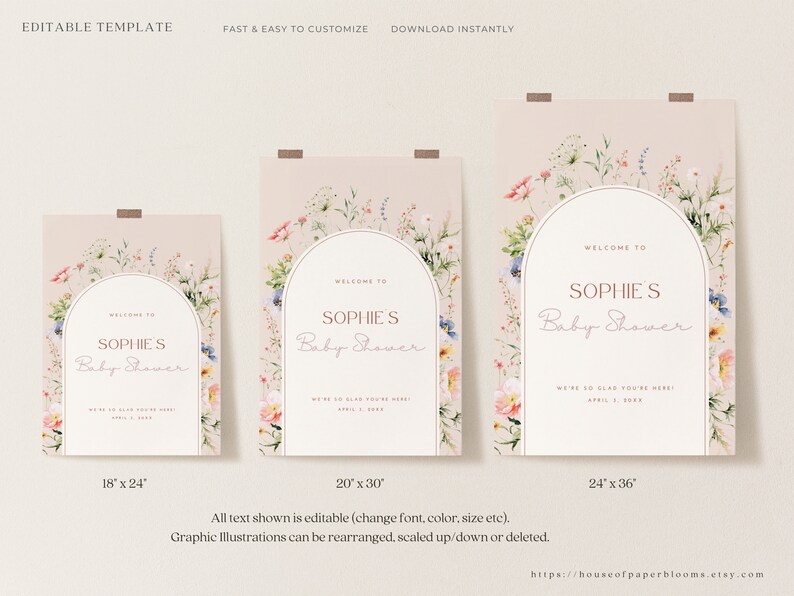 May include: Printable baby shower sign with a floral archway design. The sign is pink with a white border and says "Welcome to Sophie's Baby Shower".