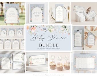 Baby in Bloom Invitation Bundle Blue Wildflower Baby Shower Invite Boy Baby Shower Invite Blue Floral Baby Shower Decoration Template