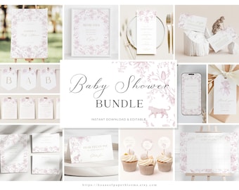Toile de Jouy Baby Shower Bundle Pink Girl Baby Shower Invitation Elegant Baby Girl Decor Pink Floral Party Idea Safari Animal Prop Template