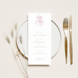 Eleganckie menu karty Toile de Jouy w kolorze różowym, szablon menu na baby shower, edytowalny, vintage, różowy, kwiatowy, karta miejsc, drukowany, wystrój baby shower dla dziewczynki