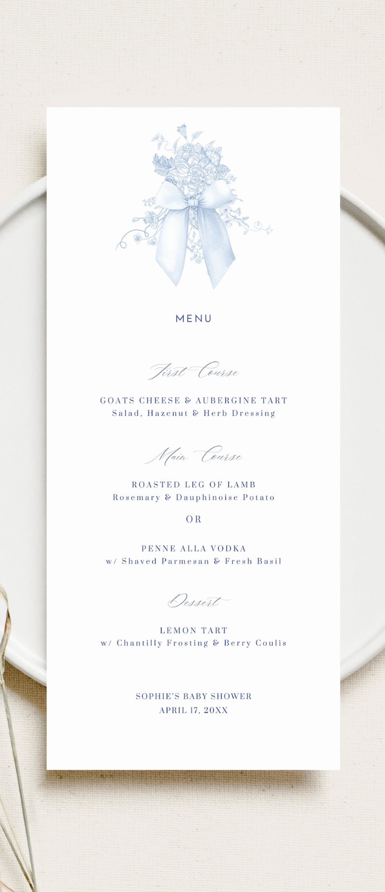 Floral Toile Menu Card Elegant Baby Shower Place Card Blue Floral Menu Template Blue Bow Bridal Shower Editable Menu Boy Baby Shower Decor image 5