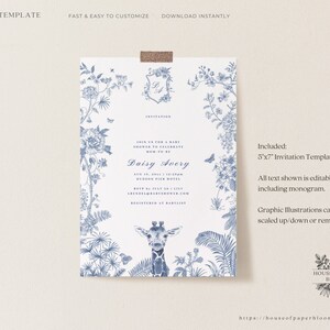 May include: A blue and white floral baby shower invitation with a giraffe illustration. The invitation reads "Join us for a baby shower to celebrate Mom to be Daisy Avery".