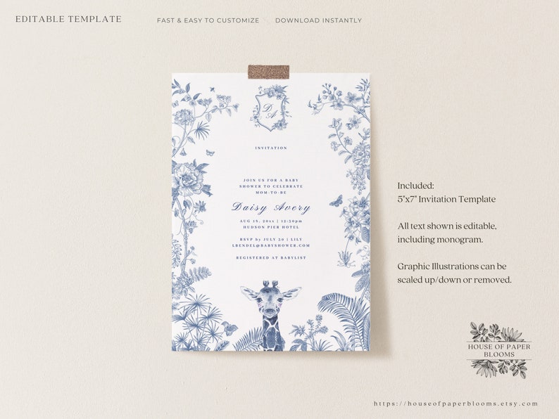 May include: A blue and white floral baby shower invitation with a giraffe illustration. The invitation reads "Join us for a baby shower to celebrate Mom to be Daisy Avery".