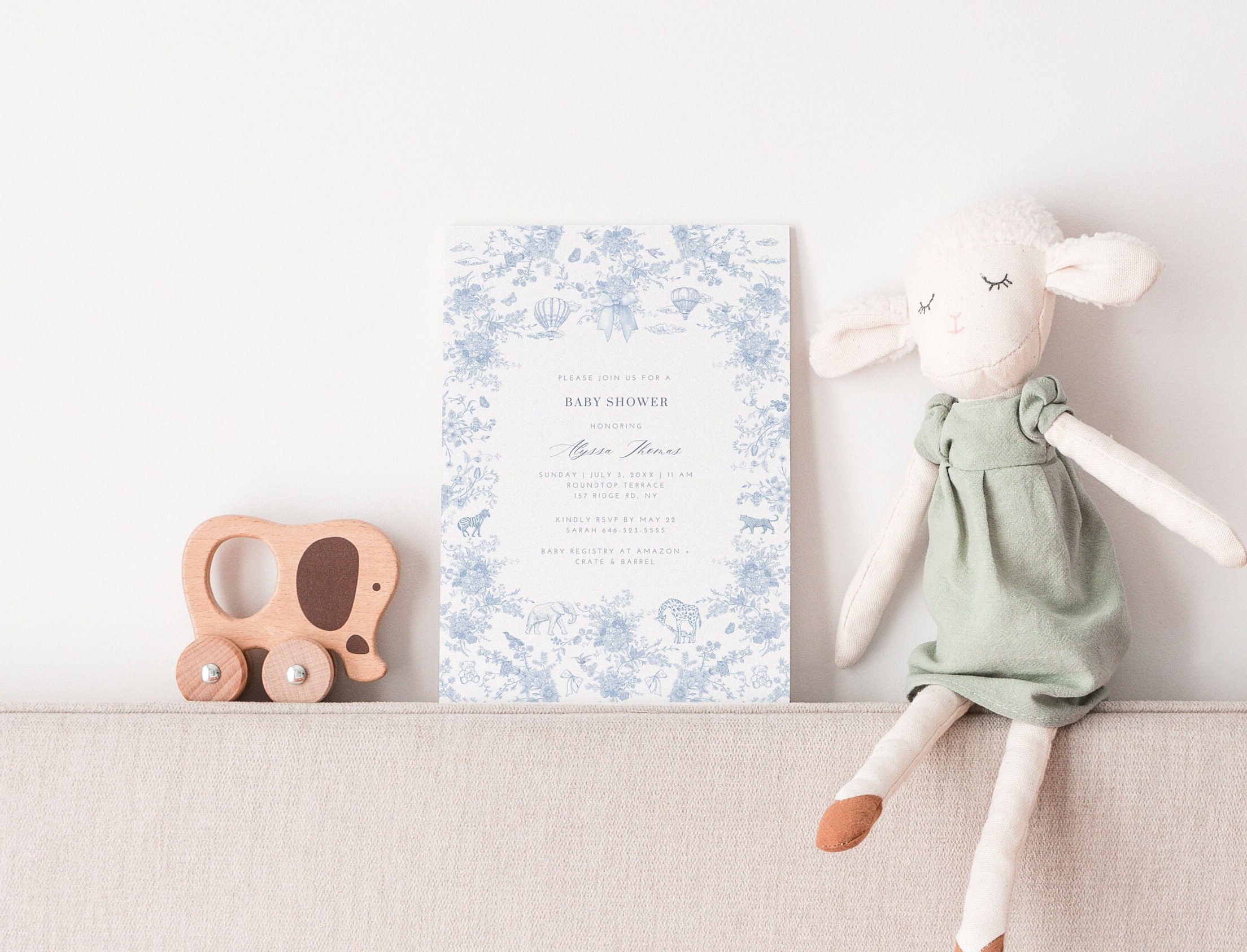 Toile De Jouy Baby Shower Invitation Blue Floral Baby Shower Invite ...