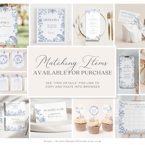 May include: A collection of printable baby shower party decorations in a blue and white floral design. The items include a welcome sign, a banner, a menu, a game, a save the date card, a thank you card, a cupcake topper, a guest book, and a gift tag. The text on the welcome sign reads "Sophie's Baby Shower".