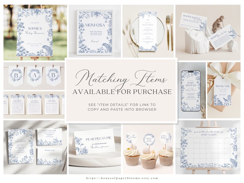 May include: A collection of printable baby shower party decorations in a blue and white floral design. The items include a welcome sign, a banner, a menu, a game, a save the date card, a thank you card, a cupcake topper, a guest book, and a gift tag. The text on the welcome sign reads "Sophie's Baby Shower".