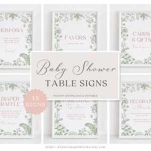 Sage Green Baby Shower Table Sign Bundle Floral Chinoiserie Sign Baby Shower Decor Diaper Raffle Party Game Idea Printable Template HO23