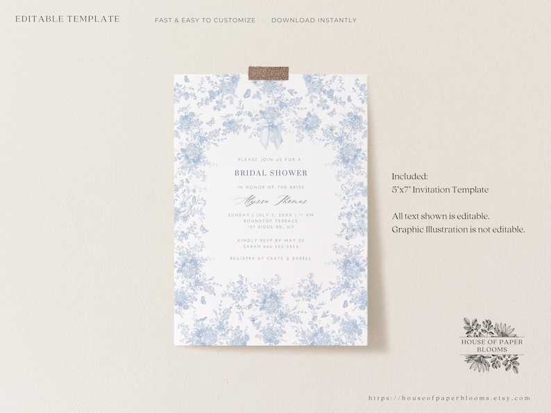 K&ouml;nnte beinhalten: Eine blaue und wei&szlig;e Blumen-Brautduscheinladungsvorlage. Die Vorlage ist 12,7 x 17,8 cm gro&szlig; und enth&auml;lt editierbaren Text. Das Blumendesign ist nicht editierbar.
