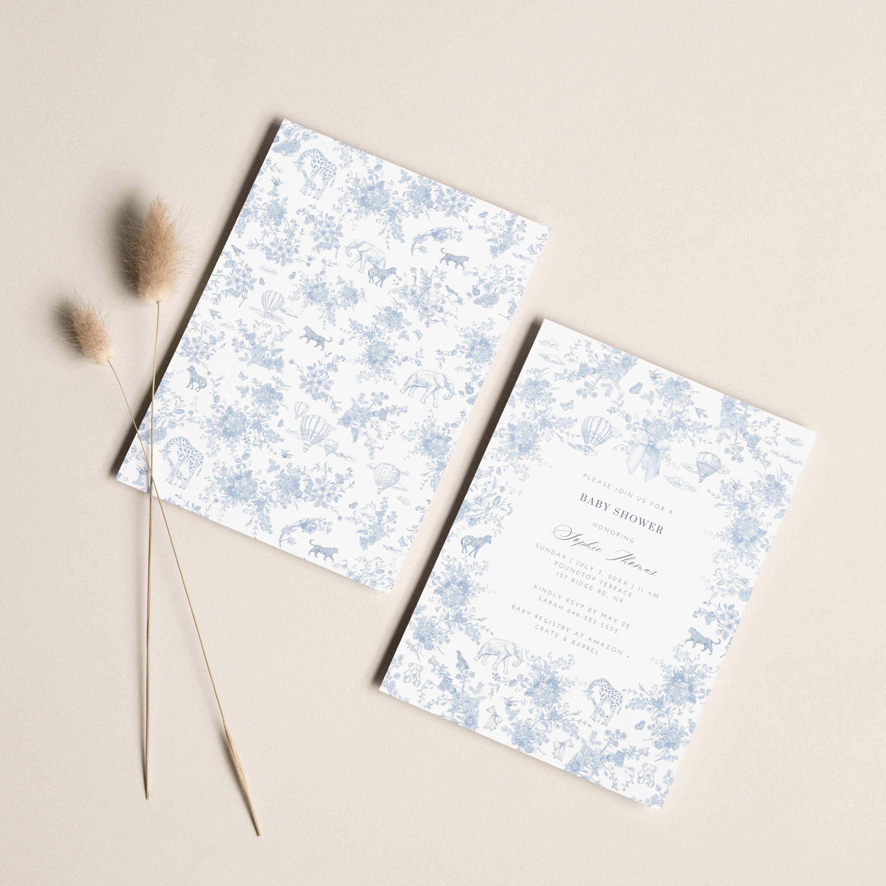 Toile de Jouy Baby Shower Invitation Blue Floral Baby Shower Invite Elegant Garden Party Baby Invite Safari Animal Hot Air Balloon Template