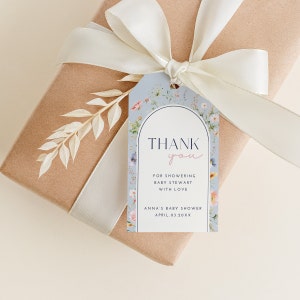 Baby in Bloom Soft Blue Floral thank you Tag | Size: 2&quot;x3.5&quot; Party Favor Tag | Baby Shower  | Editable Template | Instant Download
