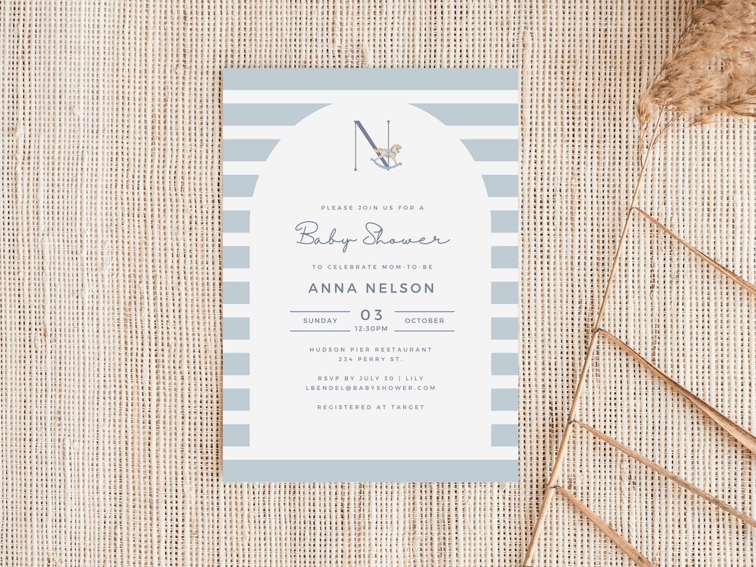 Nursery Rocking Horse Baby Shower Invitation 5x7 Dusty Blue Etsy