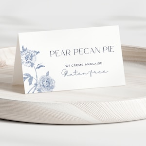 Karta menu bufetu Dusty Blue Floral Buffet Menu w namiocie kwiatowym Etykieta żywności na baby shower Elegancka karta miejsc na przyjęcie ślubne Szablon miejsc siedzących na weselu HO21