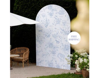 Safari Toile de Jouy Fabric Arch Cover Baby Shower Backdrop First Birthday Photo Background Baby Boy Party Decor Blue Floral Photoshoot