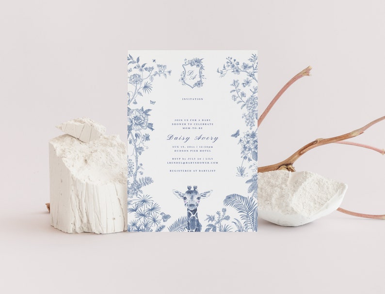 May include: Blue and white baby shower invitation with a floral border and a giraffe illustration. The invitation reads "Join us for a baby shower to celebrate the mom-to-be Daisy Avery Aug 17, 2024 at 1:00PM Hudson Pier Hotel RSVP by July 1st [website] Register at [website]"