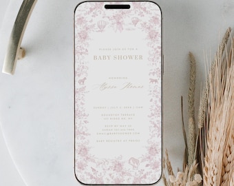 Pink Toile de Jouy Baby Shower Evite Elegant Baby Girl Shower Invite Editable Paperless Invitation Pink Floral Animal Digital Template