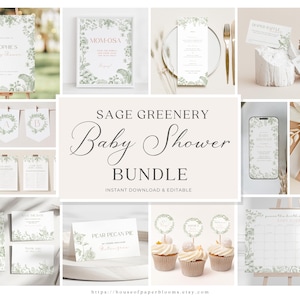Pacchetto di inviti per baby shower in verde salvia, idea per baby shower neutra in stile chinoiserie, decorazione floreale per baby shower verde oliva, modello modificabile