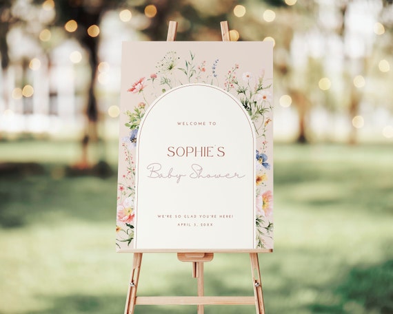 Wildflower Baby Shower Welcome Sign Girl Pink Arch Meadow Cottagecore Grandmillennial Floral Canva Template Printable Instant Download