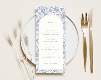 Elegant Toile Menu Card Vintage Baby Shower Menu Template Dusty Blue Bridal Shower Place Card Blue Floral Chinoiserie Party Menu Editable