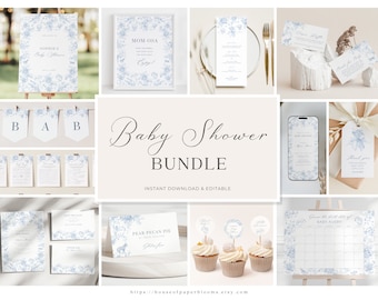 Floral Toile Baby Shower Bundle French Blue Baby Boy Shower Invitation Vintage Hot Air Balloon Teddy Bear Decoration Animal Invite Template