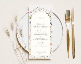 Editable Wildflower Menu Baby Shower for Spring Wedding Menu Template for Summer Garden Bridal Shower Menu Green for Baby in Bloom Arch