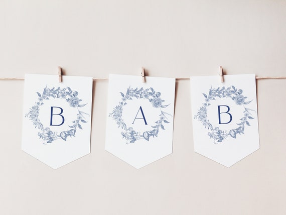 Editable Blue Floral Banner Dusty Blue Porcelain Baby Shower Decoration Welcome Baby Sign Blue Toile Garland Custom Name Flag Template HO21